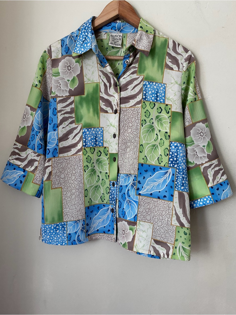 Allison Daley VTG Retro Petites Patchwork Mixed Print Button Down Shirt Green PM